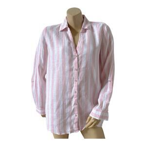 C&C California Pink White Stripe Linen Button Up Tunic Convertible Sleeve Medium